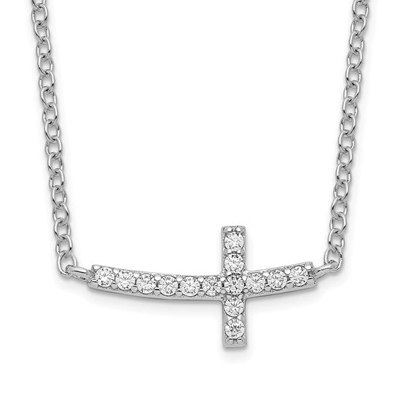 Brilliant Bijou Sterling Silver CZ Sideways Cross 16 inch Necklace with 2 inch extension - Gift Box Included