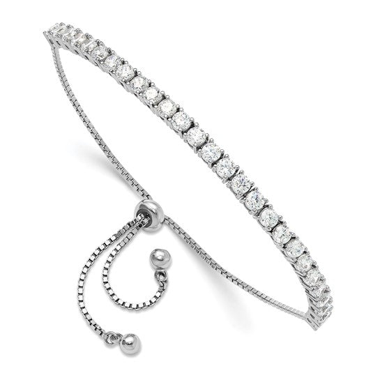 Sterling Silver Rhodium-plated CZ Adjustable Bracelet and Post Earring Set - Gift Box Included