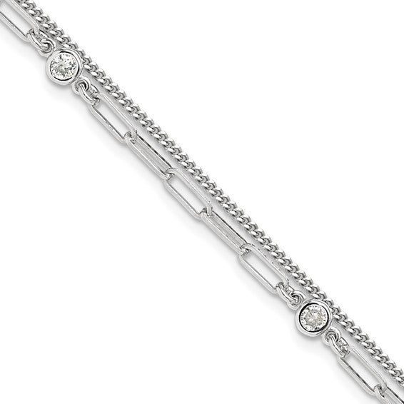 Sterling Silver CZ 2 Strand 6.75in with 1in ext. Bracelet - Gift Box Included