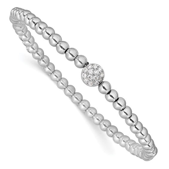 Sterling Silver Rhodium-plated Polished Beaded CZ Stretch Bracelet - Gift Box Included