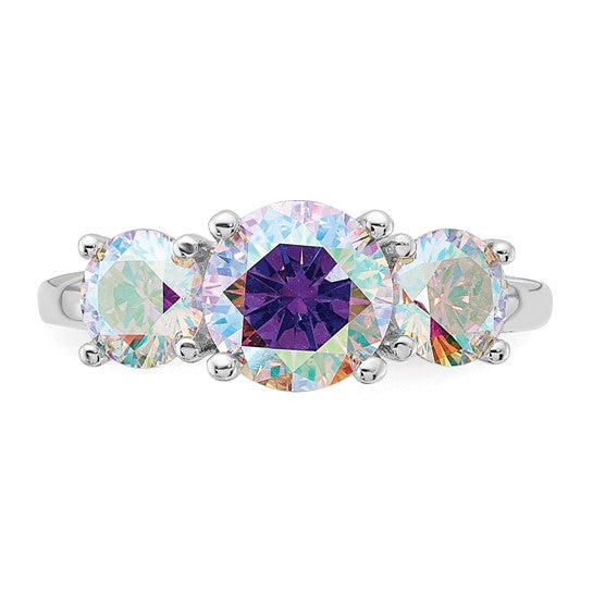 Sterling Silver Iridescent CZ 3-Stone Ring - Gift Box Included