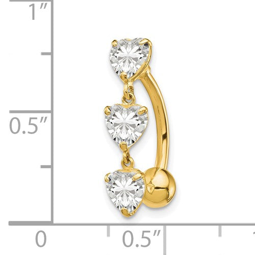 10k Yellow Gold Polished 3 Heart CZ  Dangle Belly Ring / 10k Belly Button Ring / Gold Navel Ring / Belly Ring Real Gold Gift Box Included