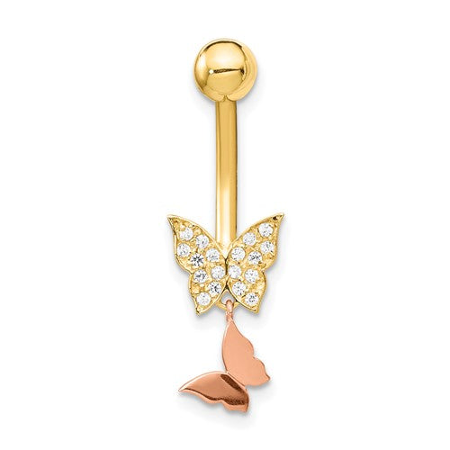14k Yellow & Rose Gold Double Butterfly CZ Belly Ring / 14k Belly Button Ring / Gold Navel Ring / Belly Ring Real Gold Gift Box Included