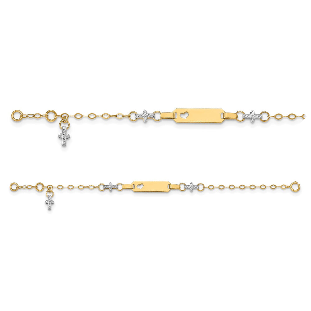 14K Two-tone Polished and Textured Cross Baby ID Bracelet, (Up to 5 characters) 4.5 inches (Infant to 18 months)
