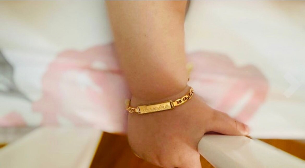 Children's Solid 14k Yellow Gold Personalized ID Anchor Bracelet - 6 inches  Free ENGRAVING Baby Toddler Child ID Ages 3+