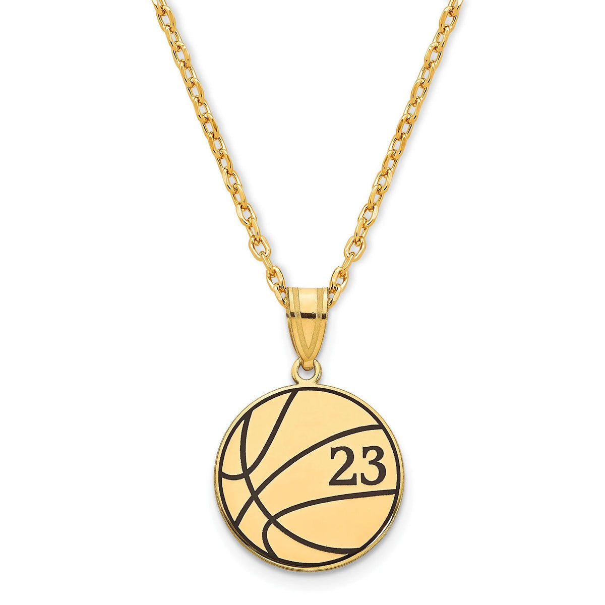 Basketball Number Pendant with Black Enamel and  Necklace in Sterling Silver Gold Plated Sterling Silver or 10k Gold (US Dime Size)