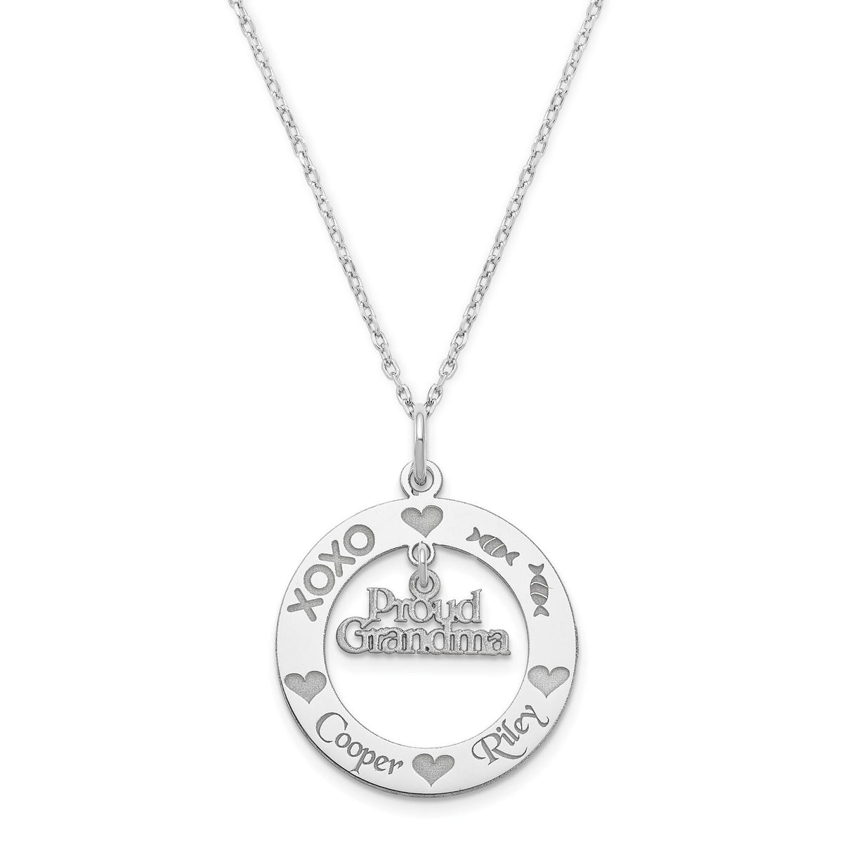Personalized Proud Grandmother Pendant w/ 2 Names Necklace Sterling Silver Laser Engraved Gift For Grandparents Grandma