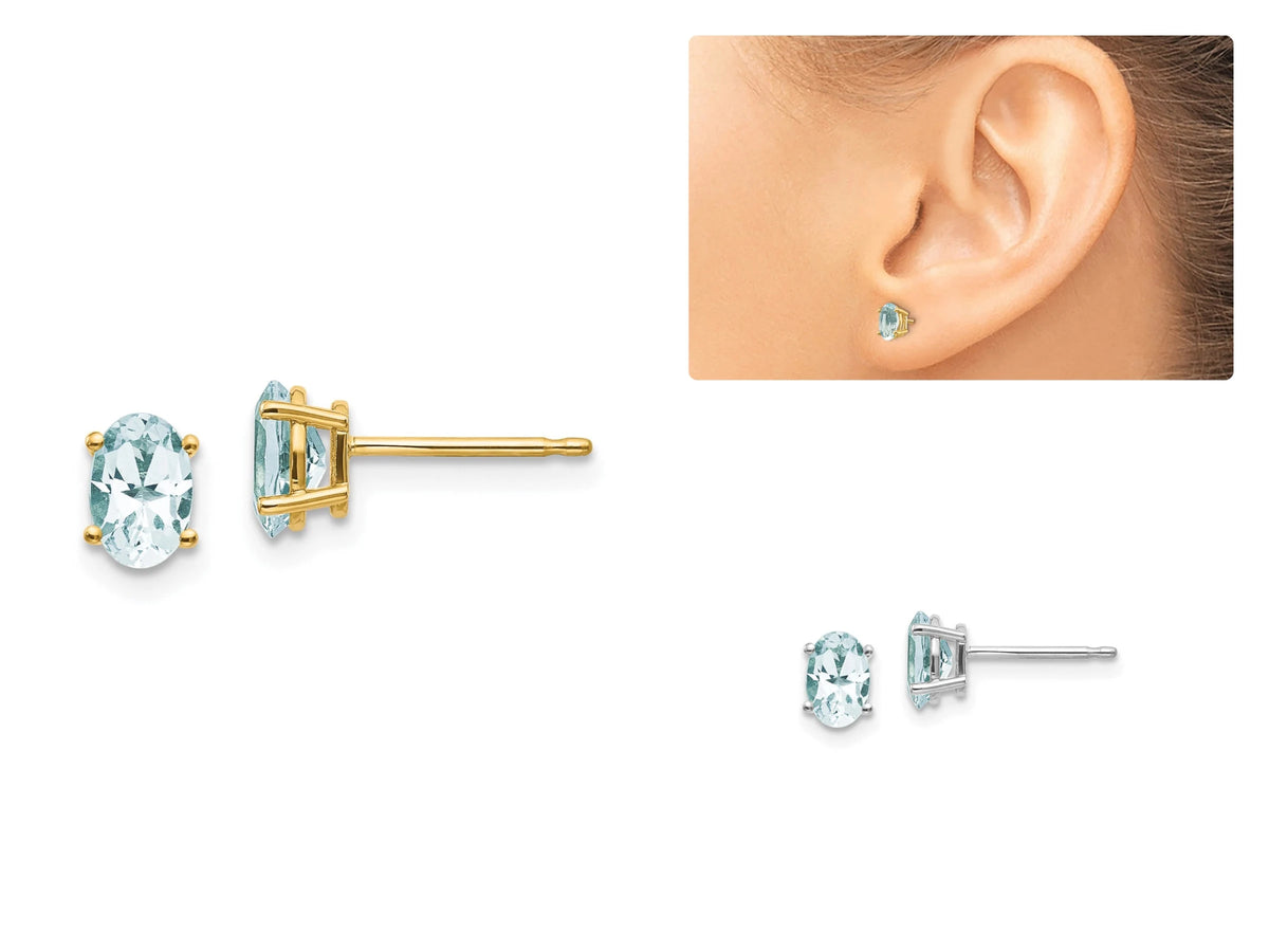 14k Yellow Gold or 14k White Gold 6x4mm Aquamarine Earrings March Birthstone Studs- Gift Box Included - Ships Next Business Day