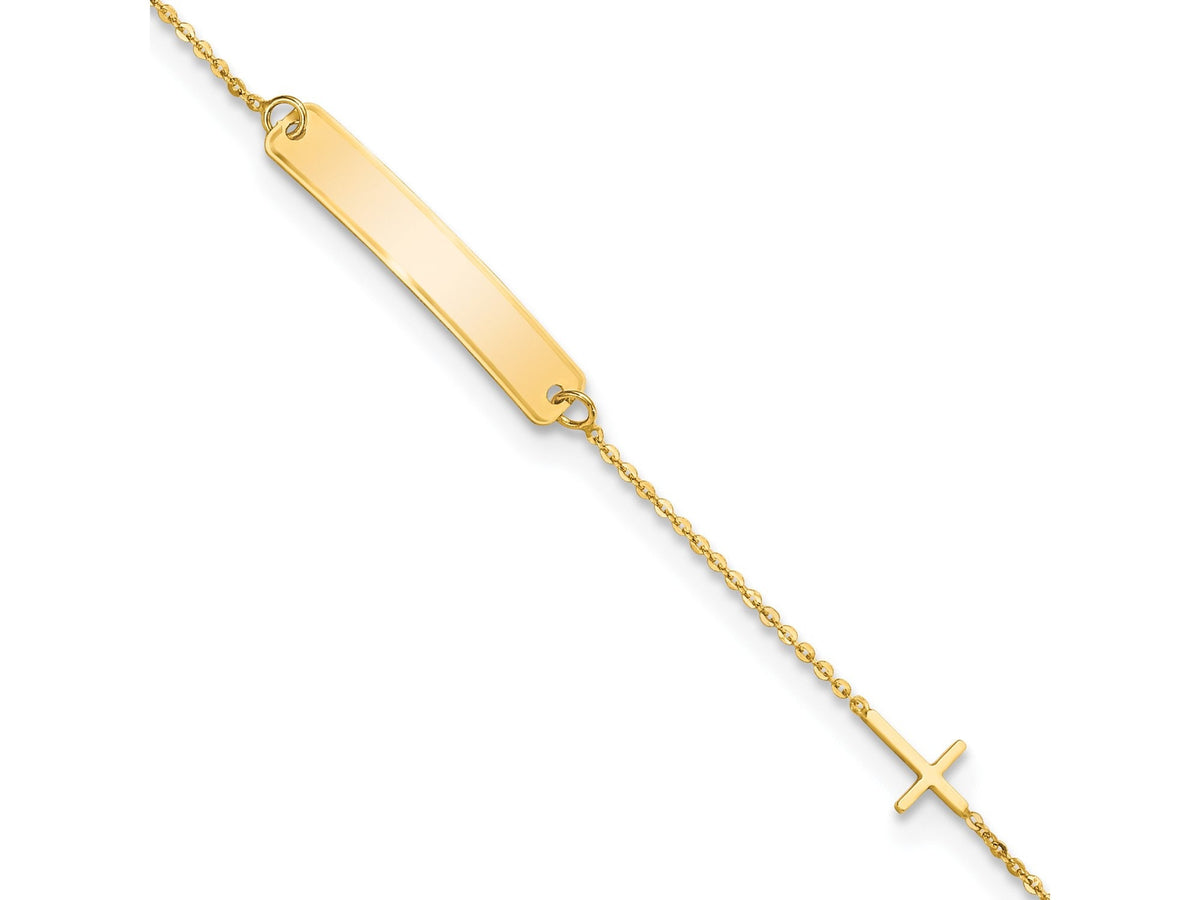 Baby to Toddler 14k Yellow Gold Personalized Cross ID Bracelet - 5.5 inches Front  Engraving ( 8 Characters) Baby Size - Gift Box Included