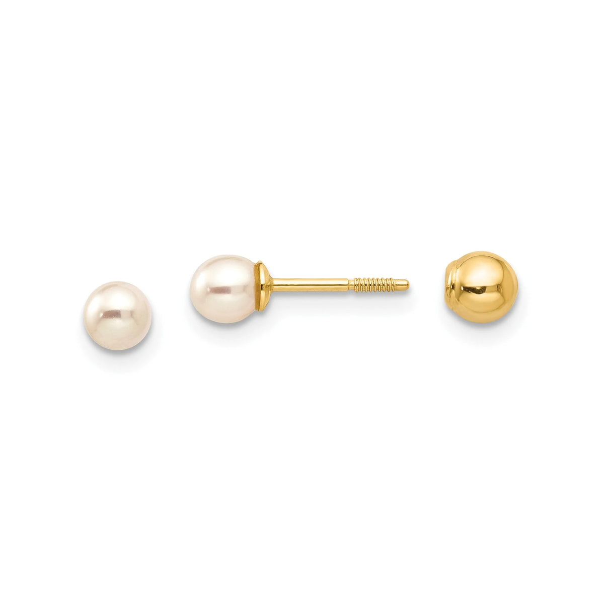 14k Yellow Gold Reversible Pearl and Gold Ball Earrings 4mm Fresh Water Cultured Pearl Studs Gift Box Included - Made in USA 1 Size Fits All