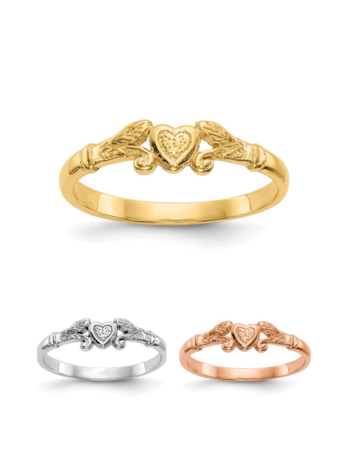 14k Yellow 14k White Gold Baby Heart Ring / Band Size 1-3 Baby to Children Size 14k Rose Gold 1mm Band Gift Box Included