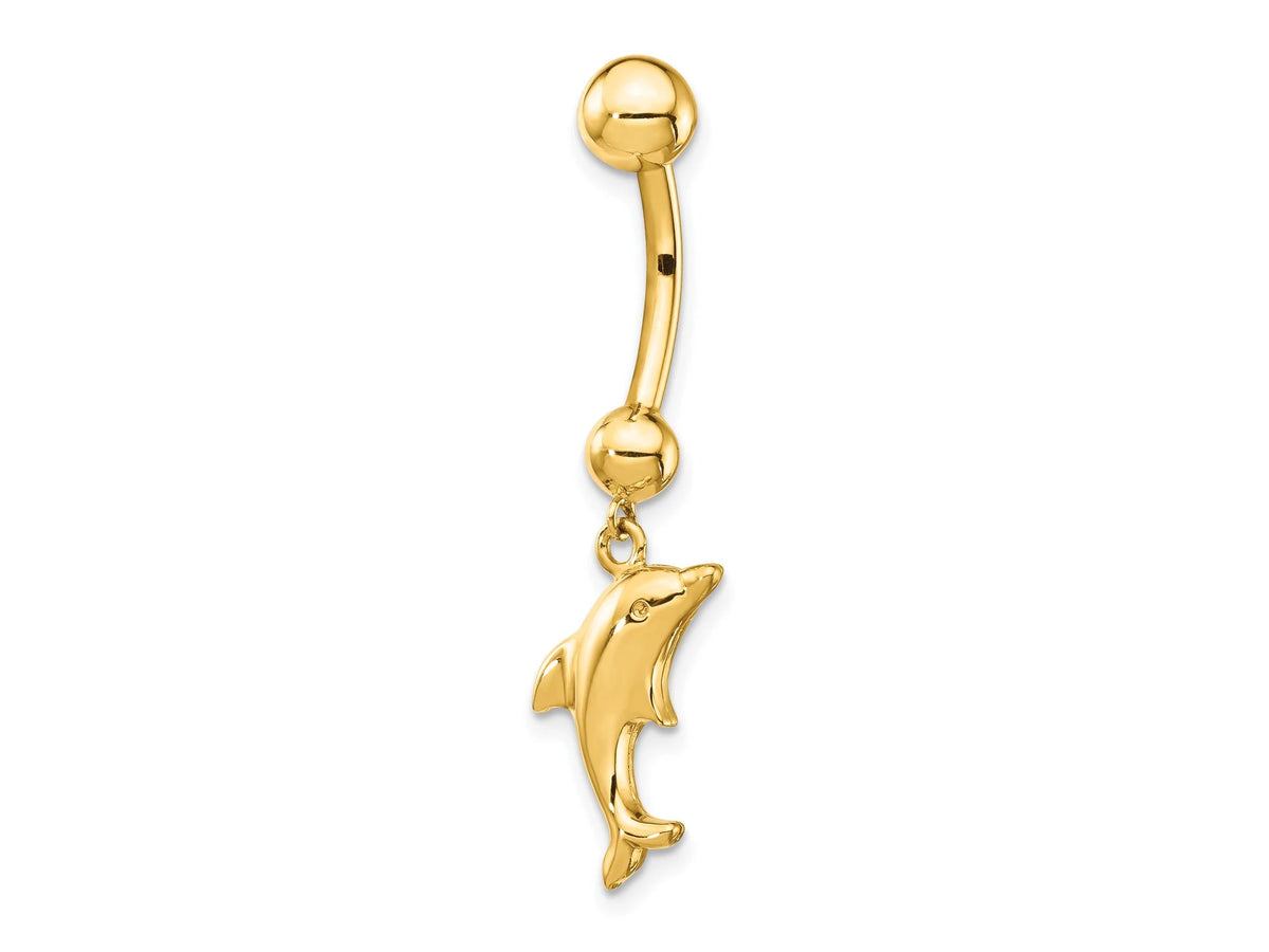 Solid 14k Yellow Gold 14 Gauge Polished Dolphin Belly Ring / 14k Belly Button Ring / Gold Navel Ring /Belly Ring Real Gold Gift Box Included