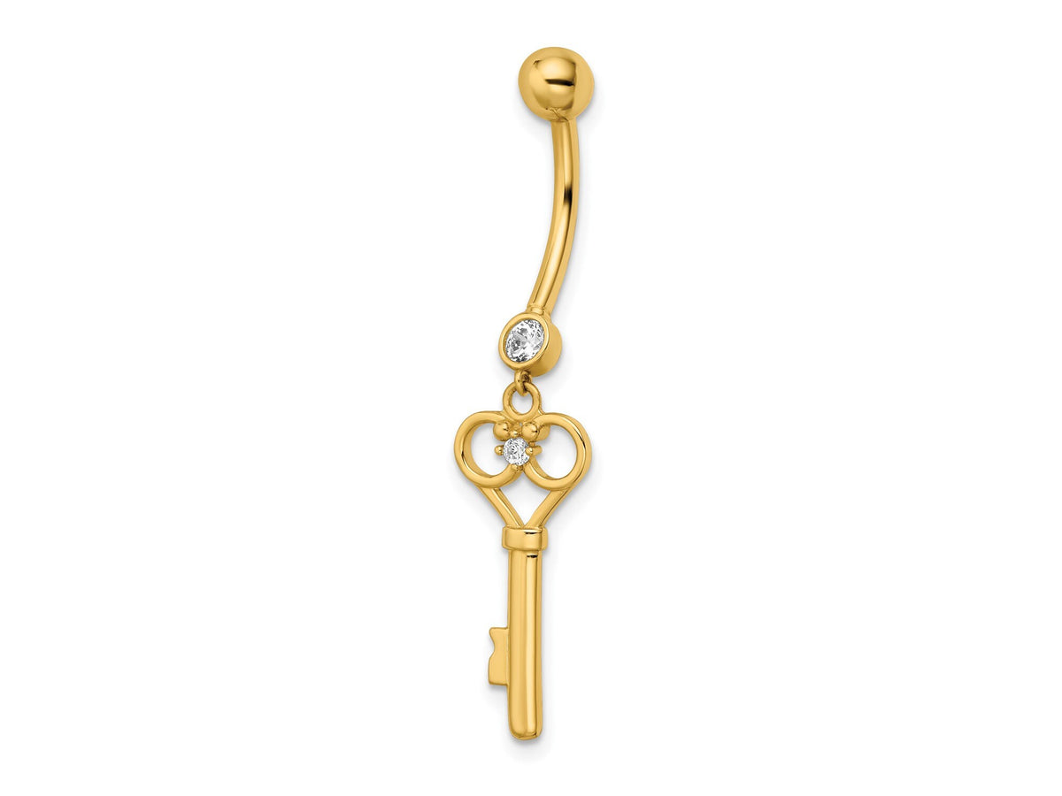 14k Yellow Gold Key CZ Belly Ring / 14k Belly Button Ring / Gold Textured Key Navel Ring / Key Tummy Ring Real Gold w/ Gift Box Included