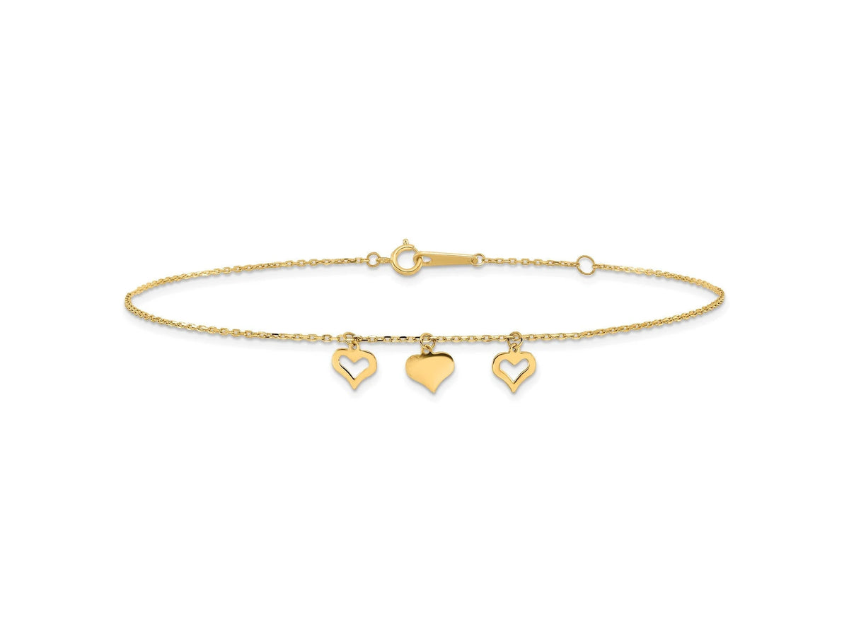14k Yellow Gold 3 Heart Anklet 9 inches w/ 1 inch Extension - Gift Box Included