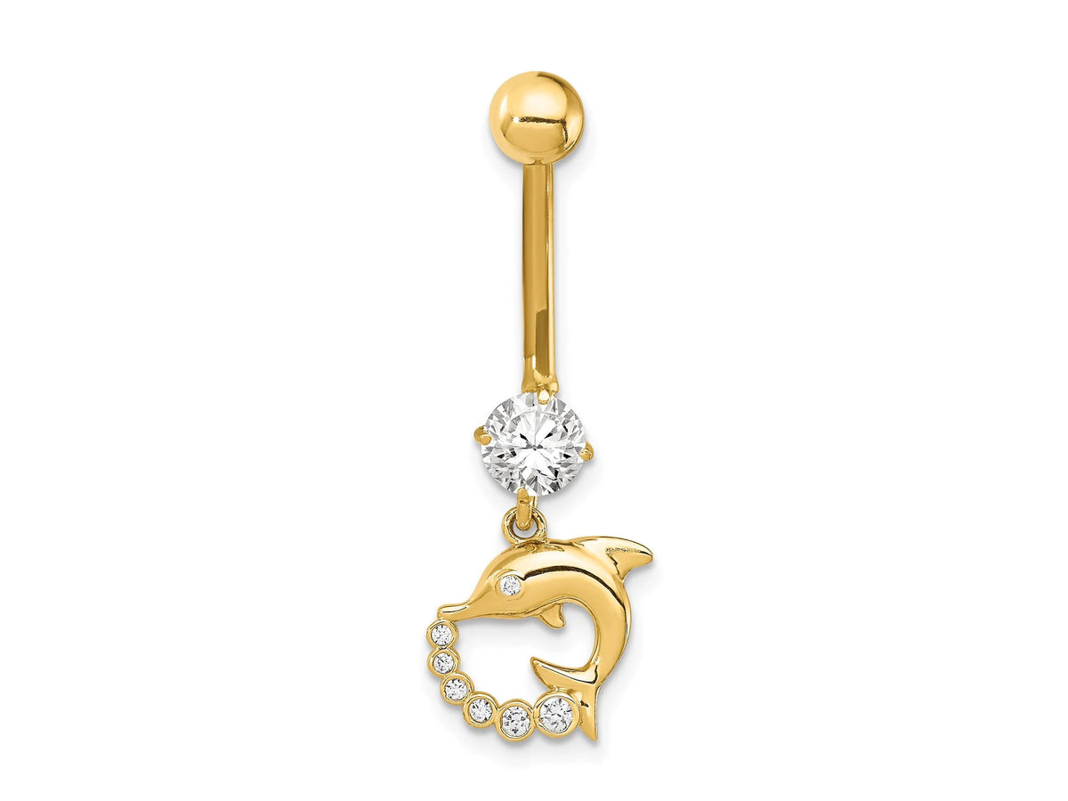 14k Yellow Gold Dolphin  CZ Belly Ring / 14k Belly Button Ring / Dolphin Gold Navel Ring / Flipper Tummy Ring Real Gold w/ Gift Box Included