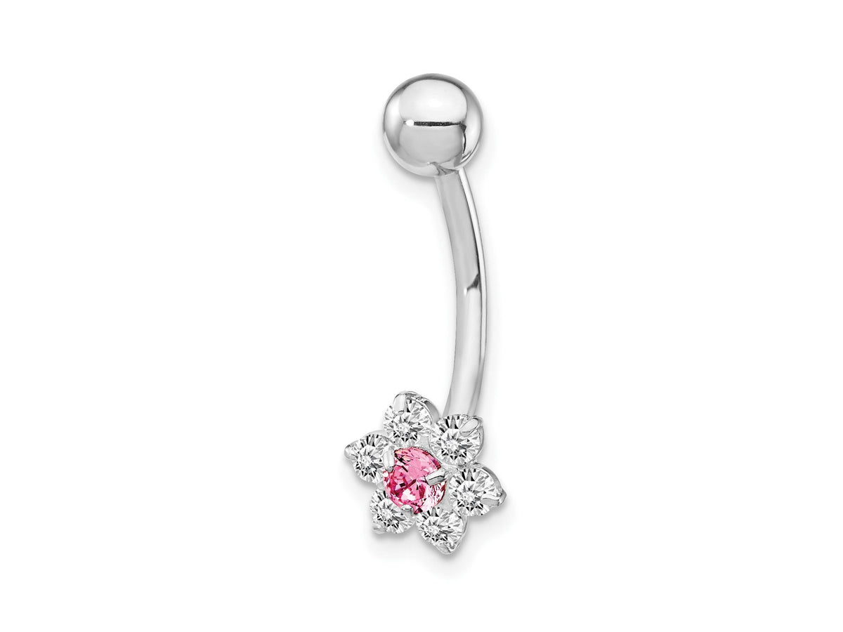 10k White Gold Pink CZ Flower Belly Ring with CZ  / 10k Belly Button Ring / Gold Navel Ring / Belly Ring Real Gold Gift Box Included