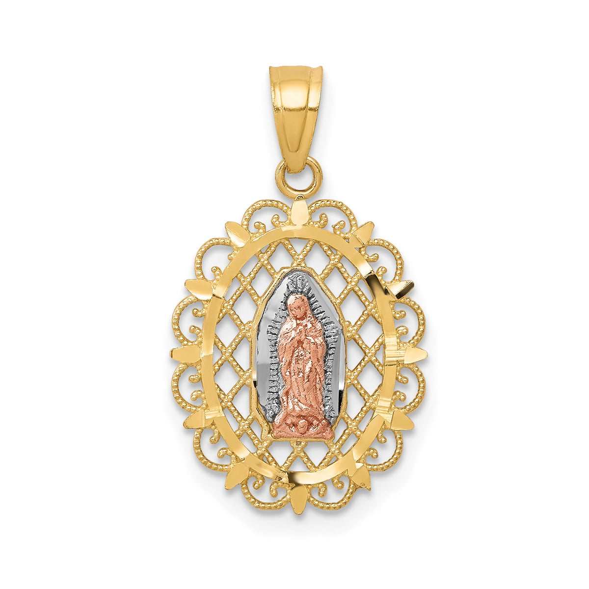 10k Two-tone with White Rhodium Our Lady of Guadalupe Pendant Made in USA Gift Box Included Ships Next Day Optional 10K Yellow Gold Necklace