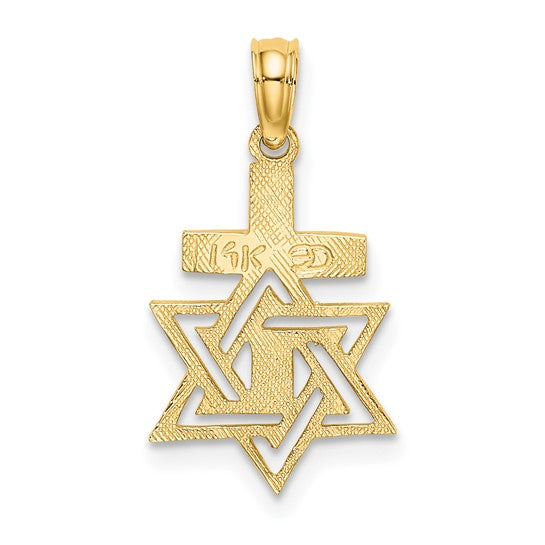 Solid Yellow Gold 14K Polished / Engraved Star Of David and Cross Charm w/ Box Chain or Cable Chain - Gift Box Included - Made in USA