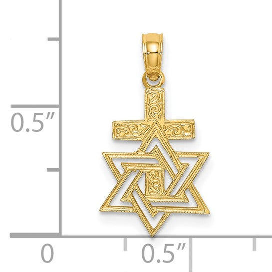 Solid Yellow Gold 14K Polished / Engraved Star Of David and Cross Charm w/ Box Chain or Cable Chain - Gift Box Included - Made in USA