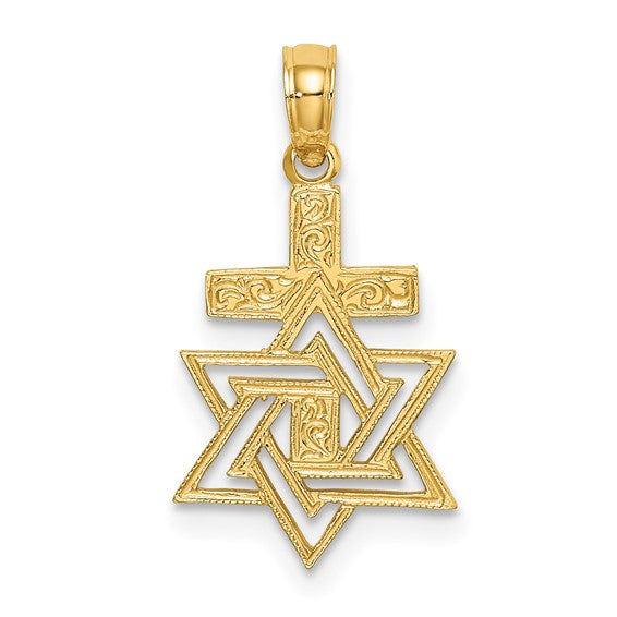 Solid Yellow Gold 14K Polished / Engraved Star Of David and Cross Charm w/ Box Chain or Cable Chain - Gift Box Included - Made in USA