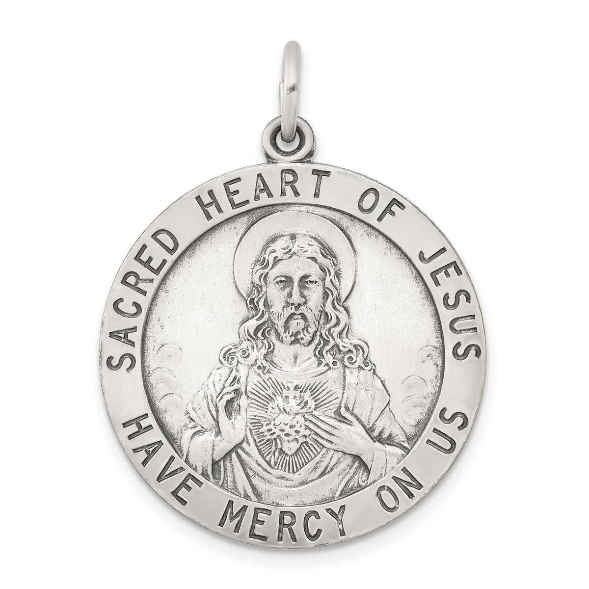 Vintage-Inspired Sterling Silver Antiqued Sacred Heart of Jesus Medal Pendant - Gift Box Included