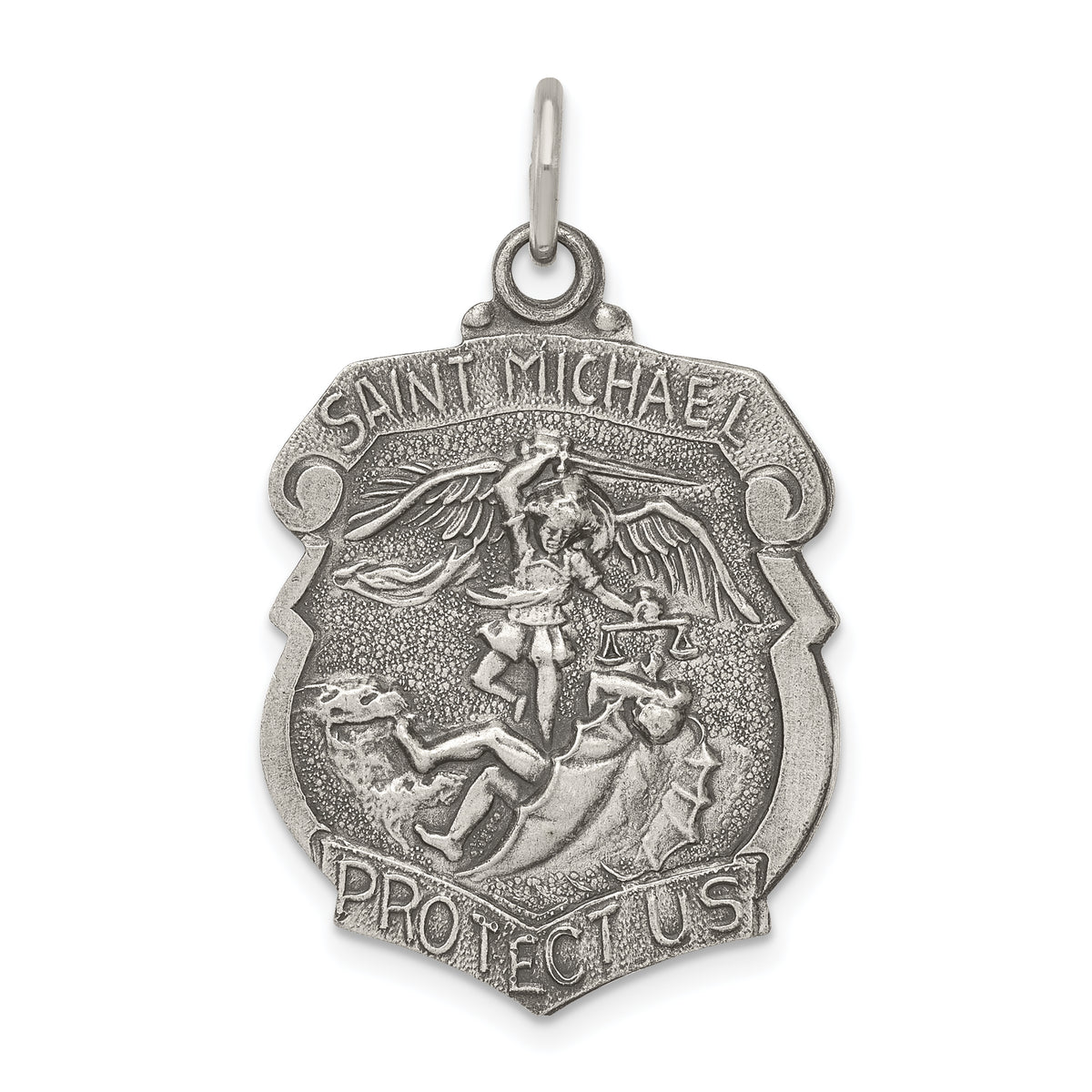 Sterling Silver Antiqued St. Michael Badge Medal - Gift Box Included