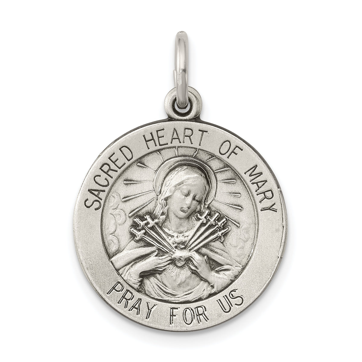 Vintage-Inspired Sterling Silver Antiqued Sacred Heart of Mary Medal Pendant - Gift Box Included