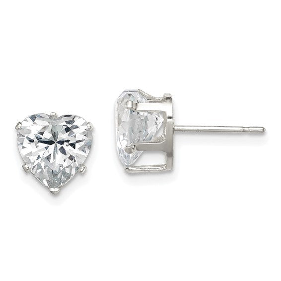 Sterling Silver Polished 8mm Heart Snap Set CZ Stud Earrings - Gift Box Included