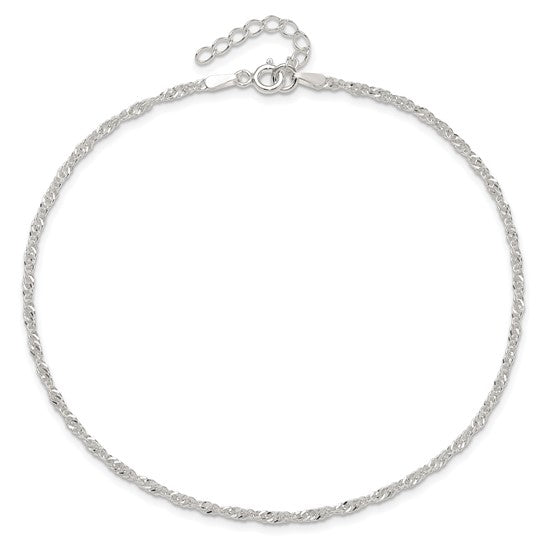 Sterling Silver 9 in Singapore Plus 1in ext. Chain Anklet - Gift Box Included