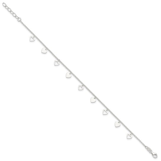 Sterling Silver Polished Hearts 9in Plus 1in Ext. Anklet - Gift Box Included