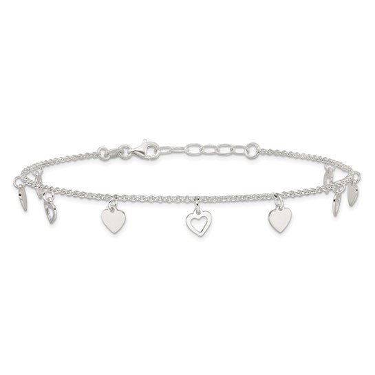 Sterling Silver Polished Hearts 9in Plus 1in Ext. Anklet - Gift Box Included