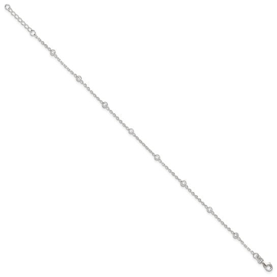 Sterling Silver Polished with CZ 9 inch Plus1 inch Ext. Anklet - Gift Box Included