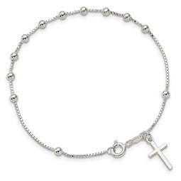 Sterling Silver Polished Cross Rosary 7.25 inch Bracelet - Gift Box Included / Silver Rosary Bracelet / Italian Silver