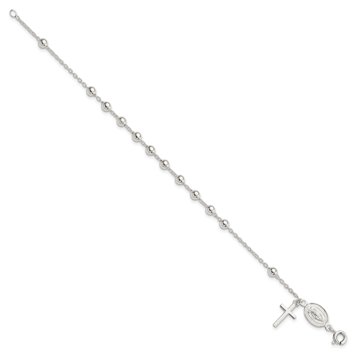 Sterling Silver Polished Cross Rosary Miraculous Medal Adjustable Bracelet - Gift Box Included - Silver Rosary Cross and Mary