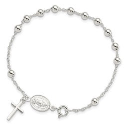 Sterling Silver Polished Cross Rosary Miraculous Medal Adjustable Bracelet - Gift Box Included - Silver Rosary Cross and Mary