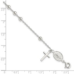 Sterling Silver Polished Cross Rosary Miraculous Medal Adjustable Bracelet - Gift Box Included - Silver Rosary Cross and Mary