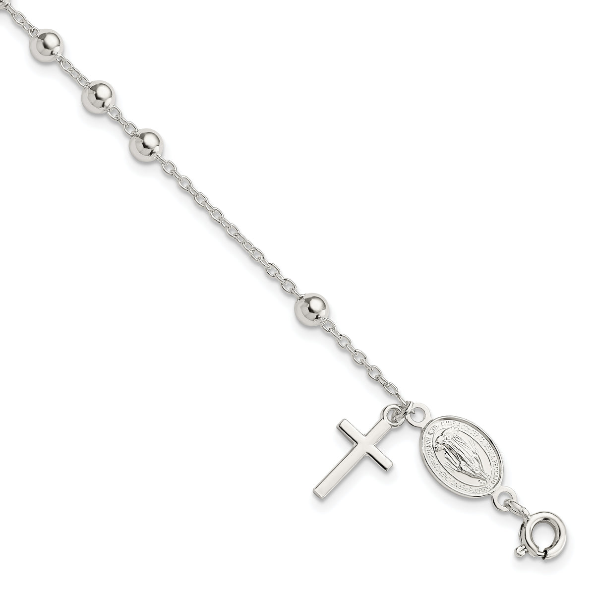 Sterling Silver Polished Cross Rosary Miraculous Medal Adjustable Bracelet - Gift Box Included - Silver Rosary Cross and Mary