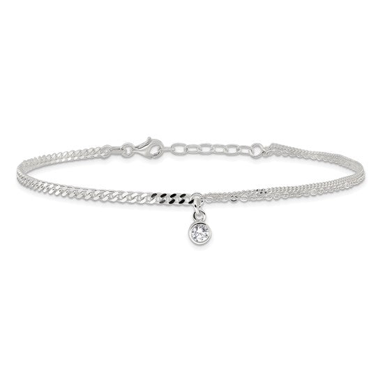 Sterling Silver CZ Fancy Chain 9in Plus 1in Ext. Anklet - Gift Box Included