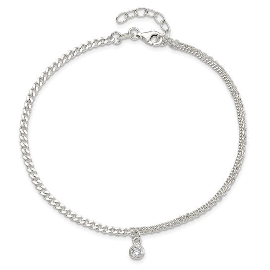 Sterling Silver CZ Fancy Chain 9in Plus 1in Ext. Anklet - Gift Box Included