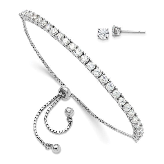 Sterling Silver Rhodium-plated CZ Adjustable Bracelet and Post Earring Set - Gift Box Included