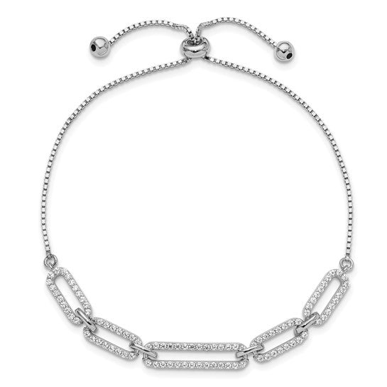 Sterling Silver Rhod-plated Paperclip Link CZ Adjustable Bracelet - Gift Box Included