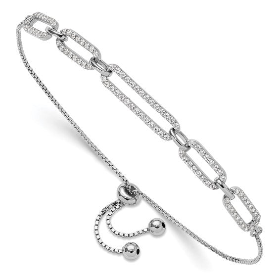 Sterling Silver Rhod-plated Paperclip Link CZ Adjustable Bracelet - Gift Box Included