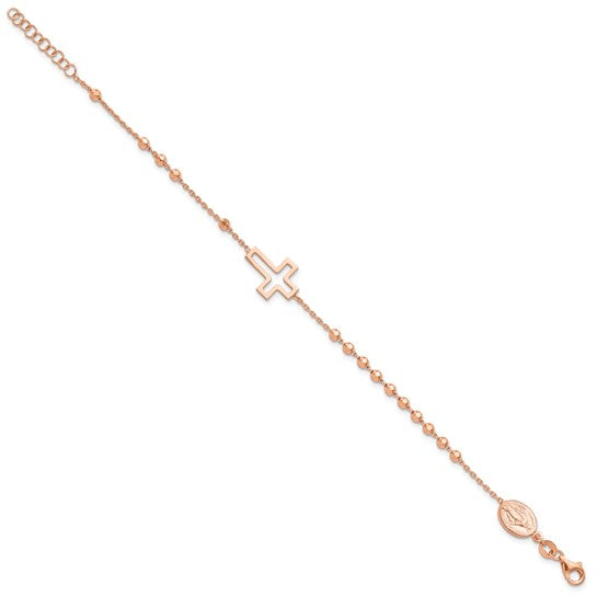 Rose Gold Polished Cross Rosary Cross 7in with 1in Ext. Bracelet - Gift Box Included - Ships Next Business Day