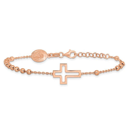 Rose Gold Polished Cross Rosary Cross 7in with 1in Ext. Bracelet - Gift Box Included - Ships Next Business Day