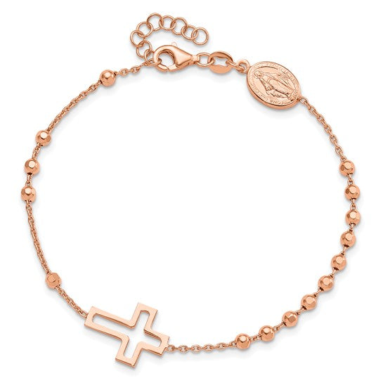 Rose Gold Polished Cross Rosary Cross 7in with 1in Ext. Bracelet - Gift Box Included - Ships Next Business Day