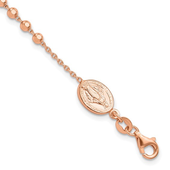 Rose Gold Polished Cross Rosary Cross 7in with 1in Ext. Bracelet - Gift Box Included - Ships Next Business Day