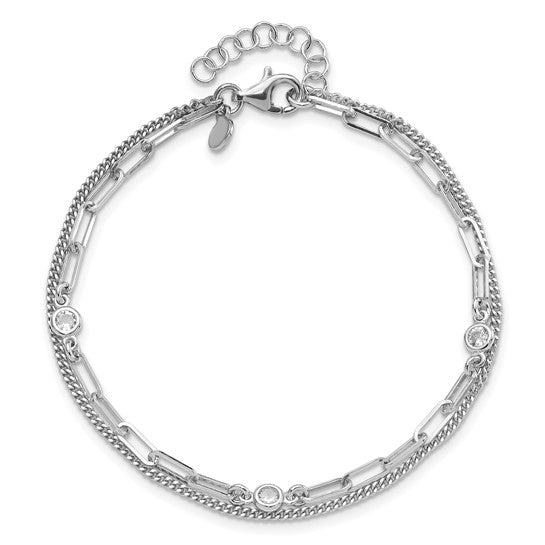 Sterling Silver CZ 2 Strand 6.75in with 1in ext. Bracelet - Gift Box Included