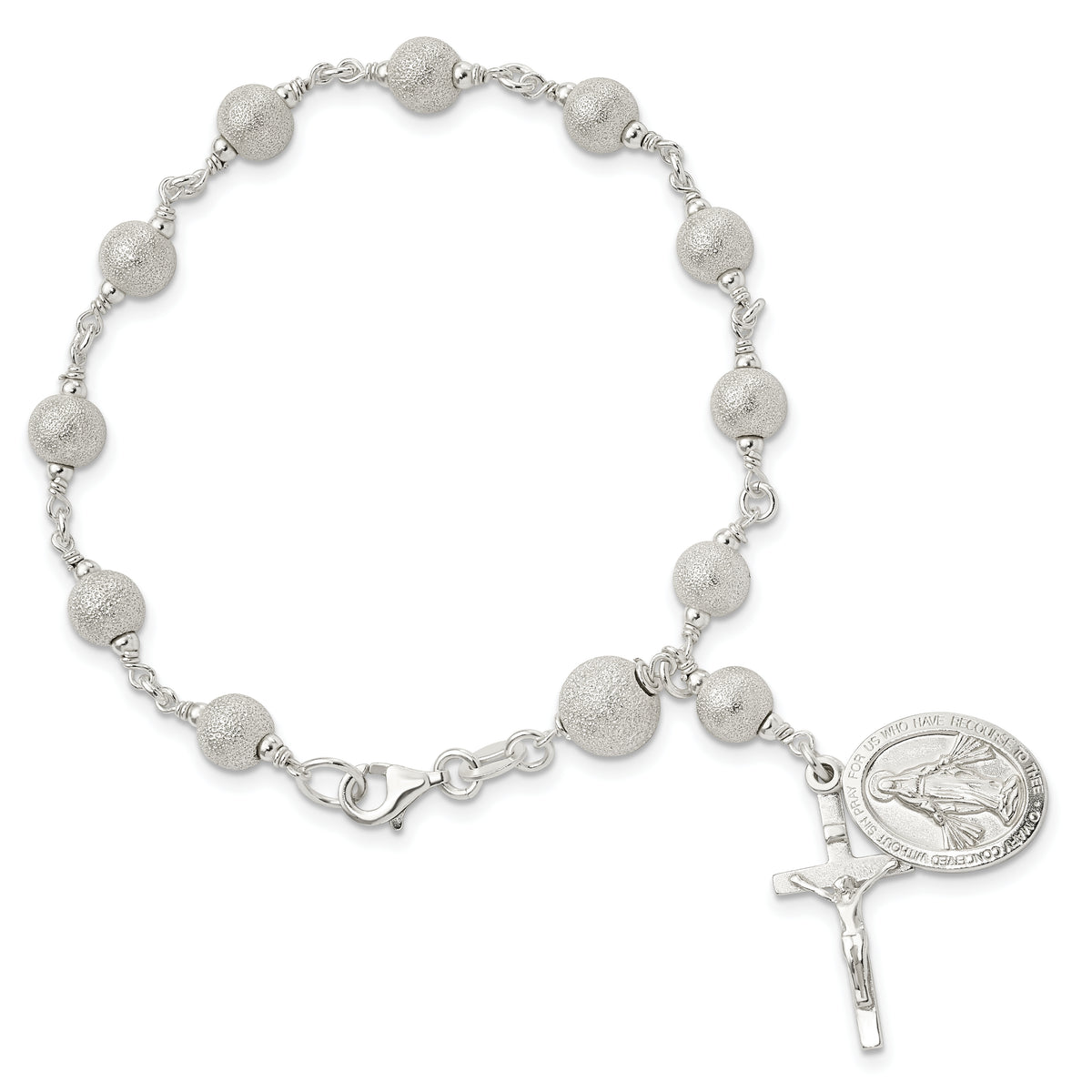 Sterling Silver Polished Cross Rosary 7.5 inch Bracelet - Gift Box Included - Rosary Beads Diamond Cut Cross Miraculous Medals Bracelet