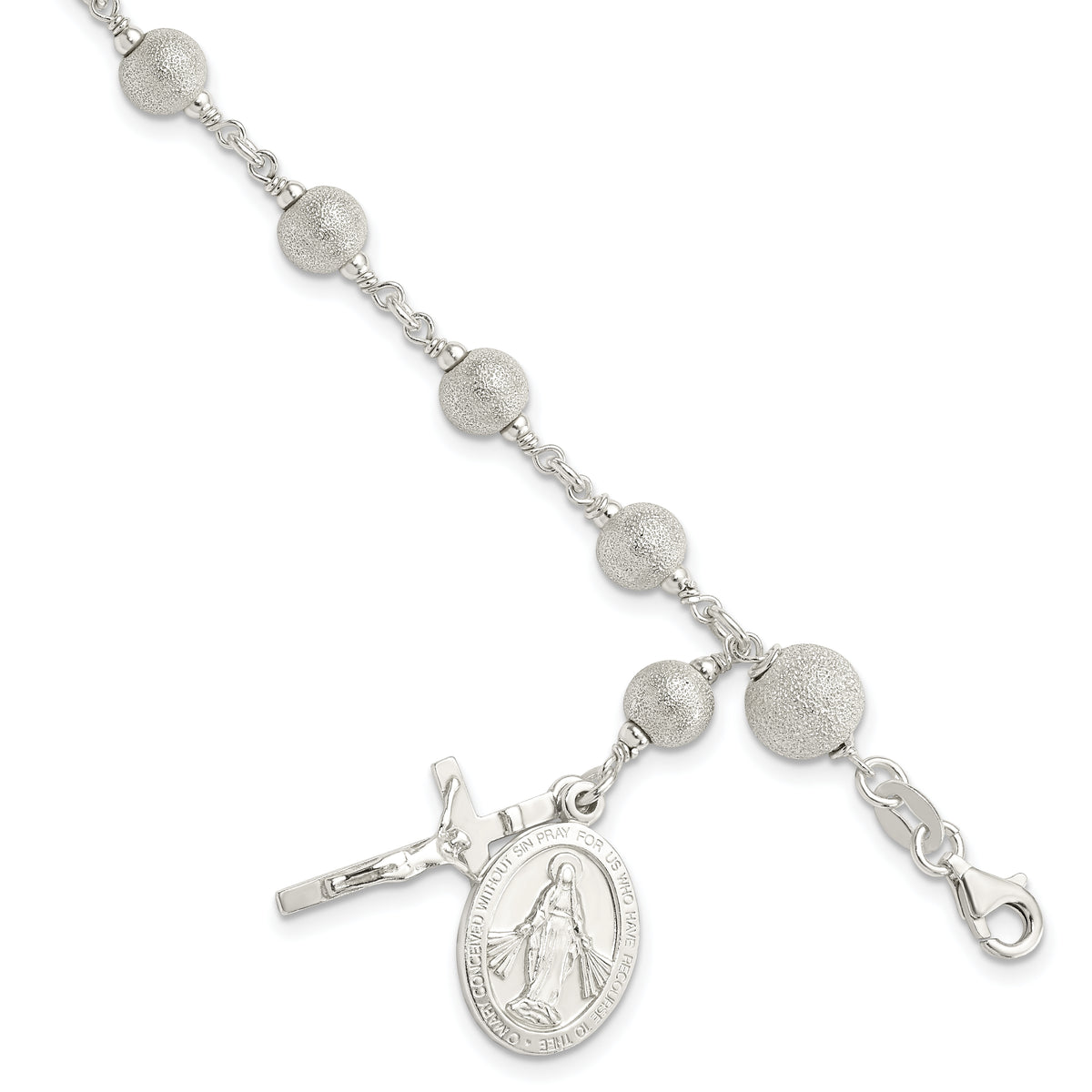 Sterling Silver Polished Cross Rosary 7.5 inch Bracelet - Gift Box Included - Rosary Beads Diamond Cut Cross Miraculous Medals Bracelet