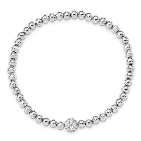 Sterling Silver Rhodium-plated Polished Beaded CZ Stretch Bracelet - Gift Box Included